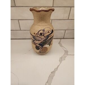 Hand Painted‎ Art Pottery Mexican Tonala Bird Flowers Floral Vase Signed 8 1/4"